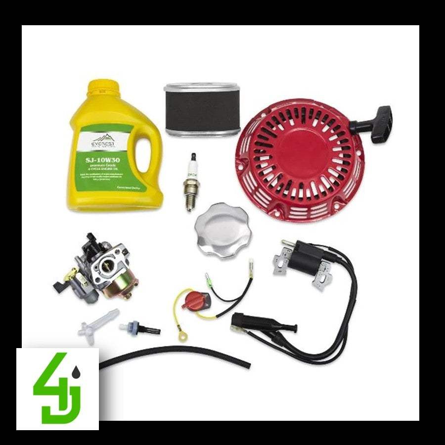 Complete Tune Up Kit for Honda GX110 and GX120 engines with recoil, ignition coil, carburetor, air filter, switch, gas cap, fuel line, filter, oil bottle, and spark plug