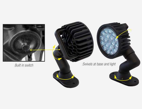 Ultra Bright 5 inch LED Flood Light with 18 LEDs, articulating swivel, black aluminum housing, and 4500 lumens output