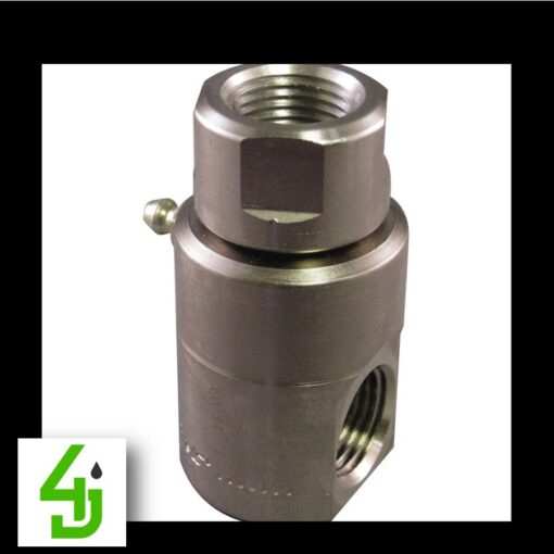 1/2 inch 90 degree hose reel swivel, nickel-plated metal with threaded openings and a compact cylindrical body.