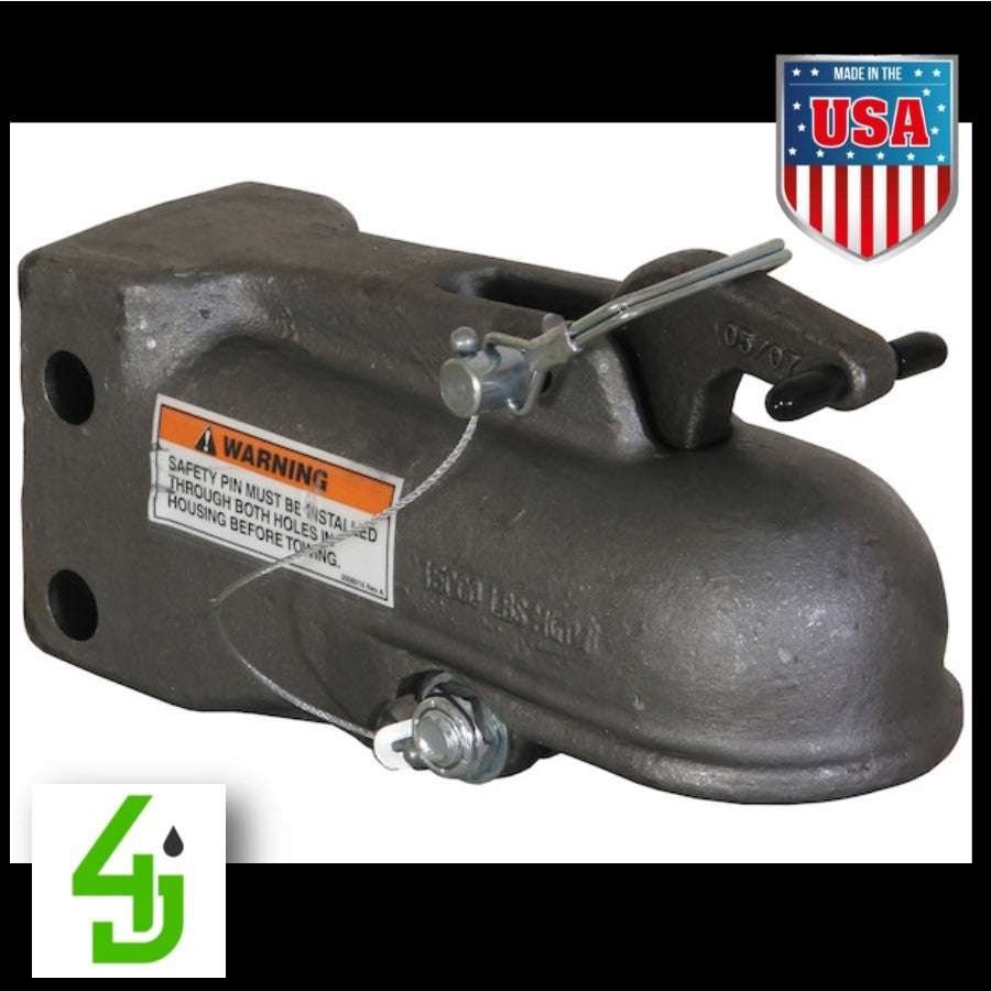 2-5/16 inch steel coupler with 15,000 lb capacity, cast steel construction, adjustable mount, and one-hand latch mechanism