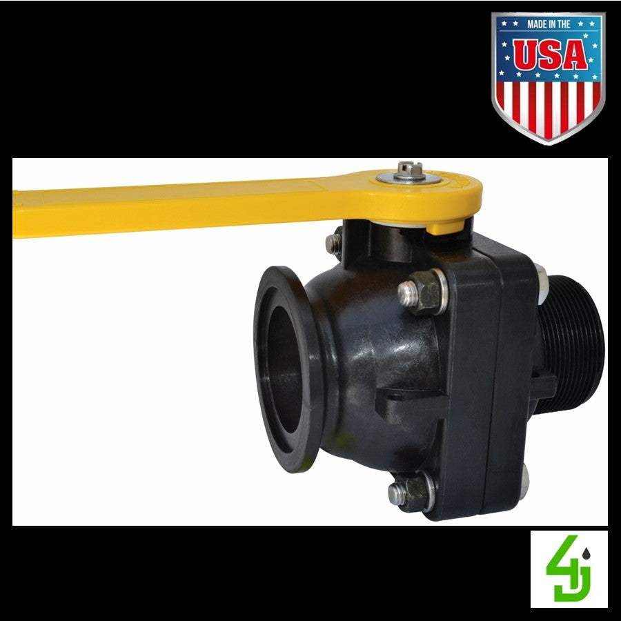 Poly Ball Valve short series 2 inch flange x 2 inch male NPT full port with fiberglass reinforced polypropylene body and stainless steel bolts