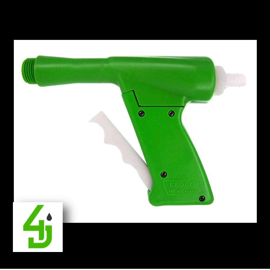 Chemlawn Lesco Spray Gun in bright green molded plastic, with a trigger handle, threaded front and white rear fitting.