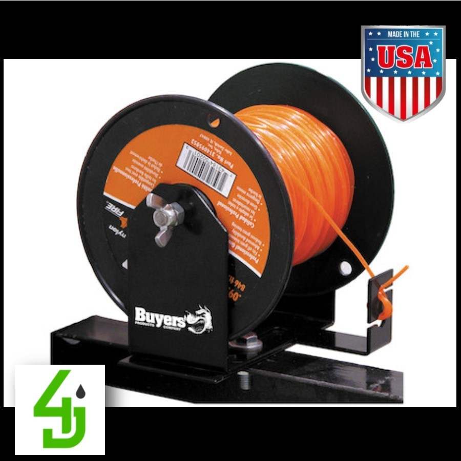 Black powder-coated steel trimmer line spool bracket mounted on trailer for 3 and 5 lb spools