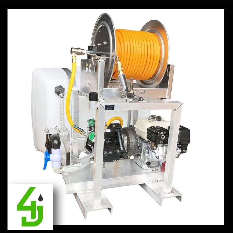 100 Gallon Soft Wash Skid Sprayer with 10 gpm diaphragm pump and manual hose reel on aluminum frame