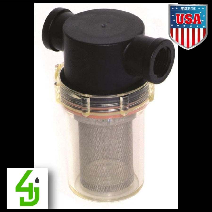 Black poly inline T-strainer with clear bowl 1 inch 50 mesh for agricultural and industrial use