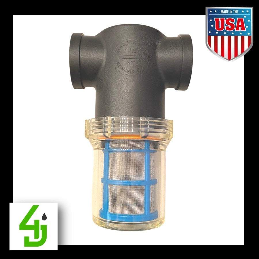 Black poly T inline strainer with clear bowl 1-1/2 inch 50 mesh