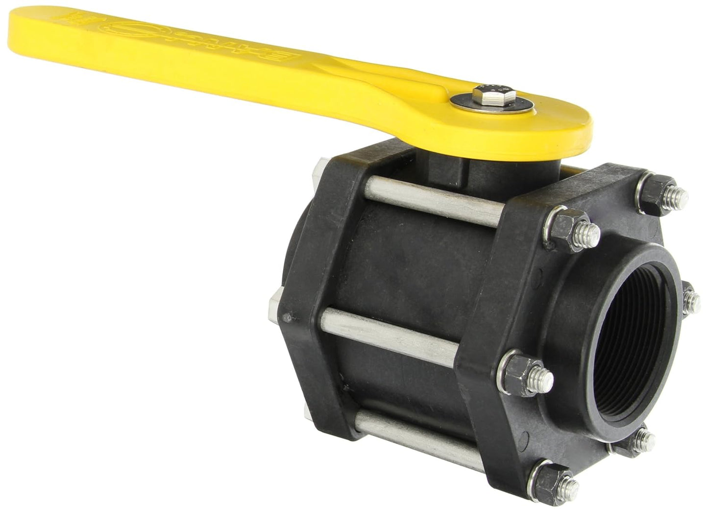 2 inch female NPT full port ball valve with yellow handle and bolted fiberglass reinforced polypropylene body