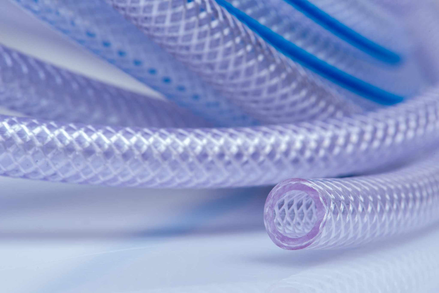 FDA and NSF/ANSI 51 clear braided reinforced 1/2 inch PVC hose, 300 foot length, transparent with blue tint