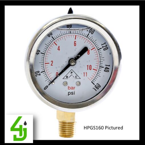 Silicone Filled 2.5 Inch Bottom Mount 300 PSI Pressure Gauge HPGS300