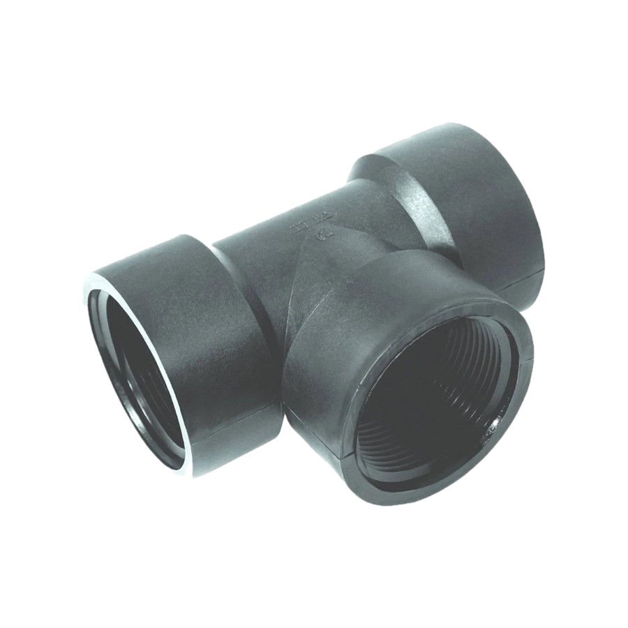 Poly Tee 3 inch female NPT fitting on white background