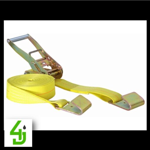 27 foot yellow ratchet tie down strap with zinc plated hooks and wide polyester webbing