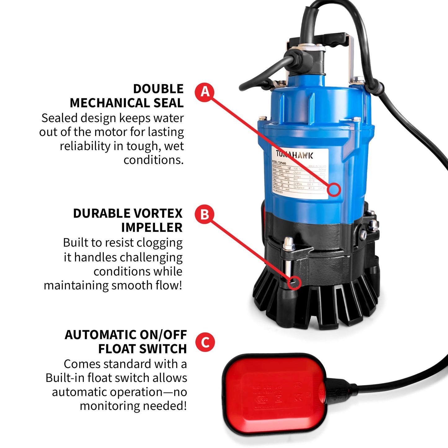 1/2 HP Submersible Trash Water Pump 2" Outlet 66 GPM 400W Electric Utility Dewatering Pump Basement Flooding Construction Sites Irrigation Drainage