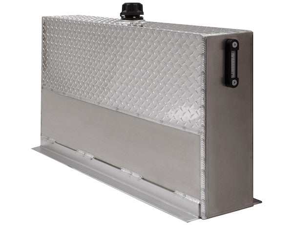 UR50A 50 Gallon Upright Aluminum Hydraulic Reservoir with diamond tread finish and sight gauge mounted behind truck cab