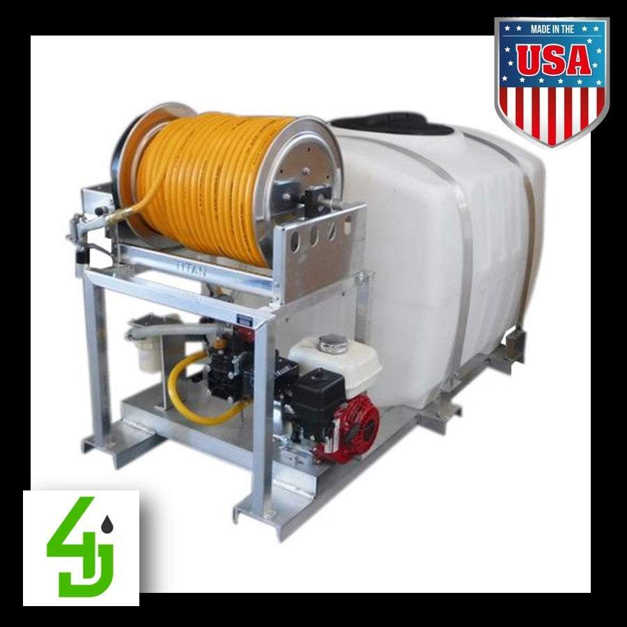 200 Gallon Skid Sprayer with 10 gpm diaphragm pump and electric hose reel on aluminum frame
