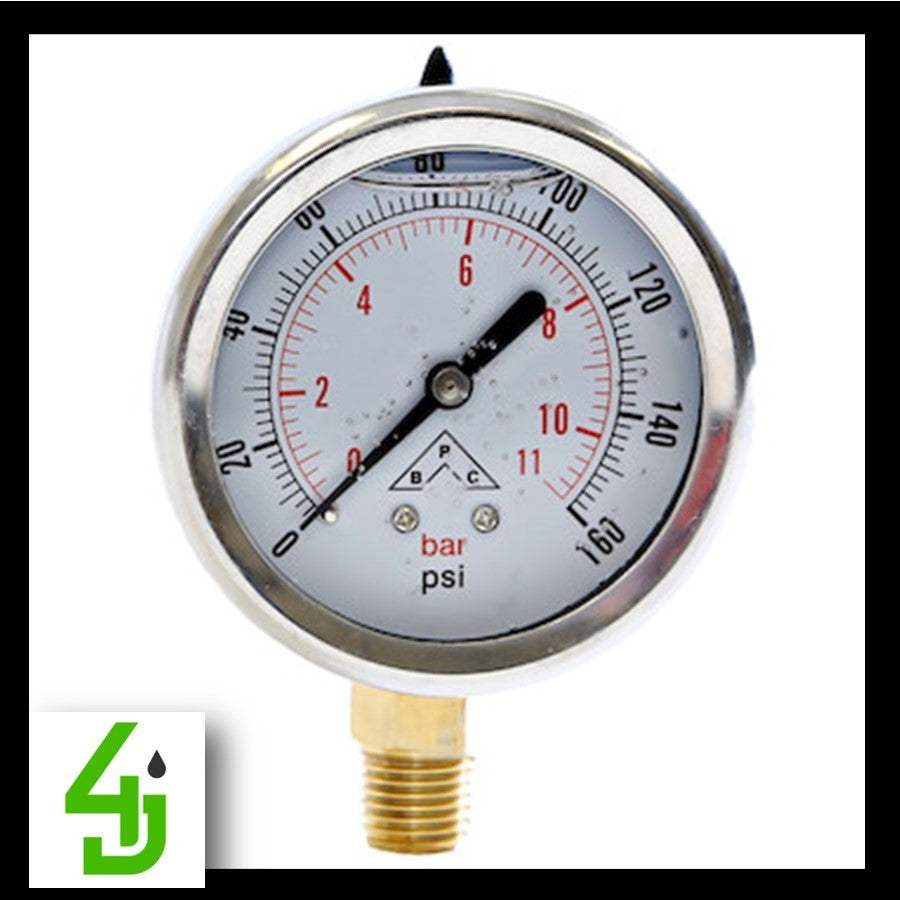 Silicone filled 2.5 inch bottom mount pressure gauge with 160 PSI rating and stainless steel case