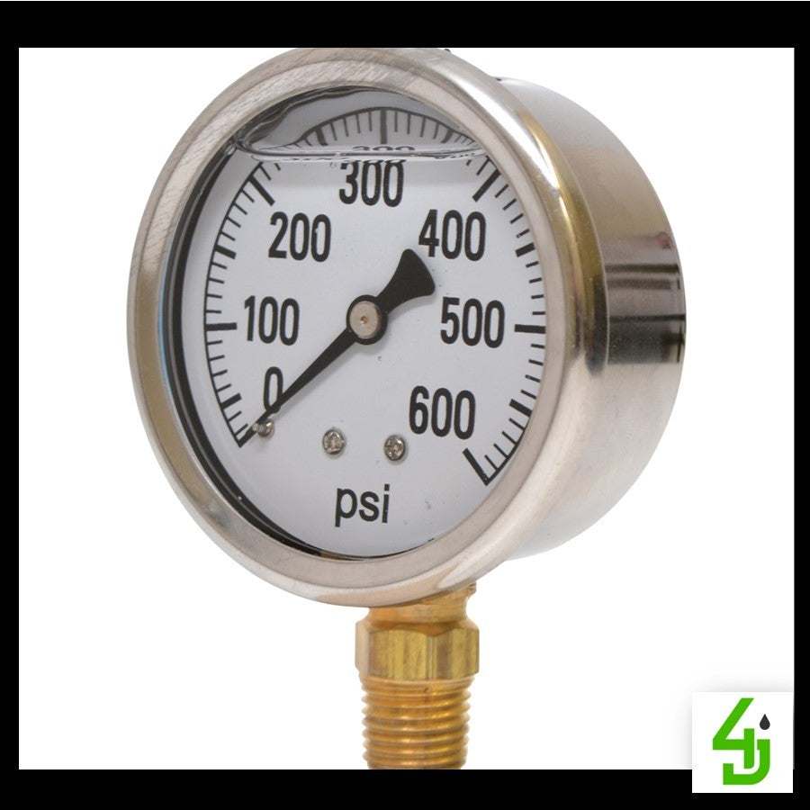 Silicone filled 2.5 inch bottom mount pressure gauge 500 PSI with stainless steel case and built-in relief valve