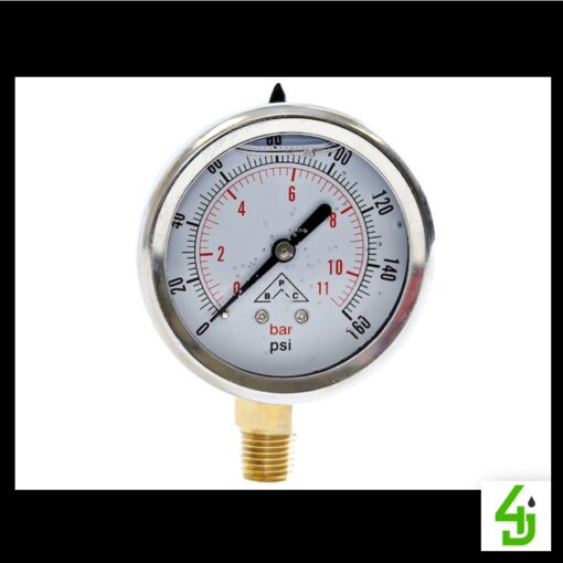 Silicone Filled 2.5 Inch Bottom Mount 1000 PSI Pressure Gauge HPGS1
