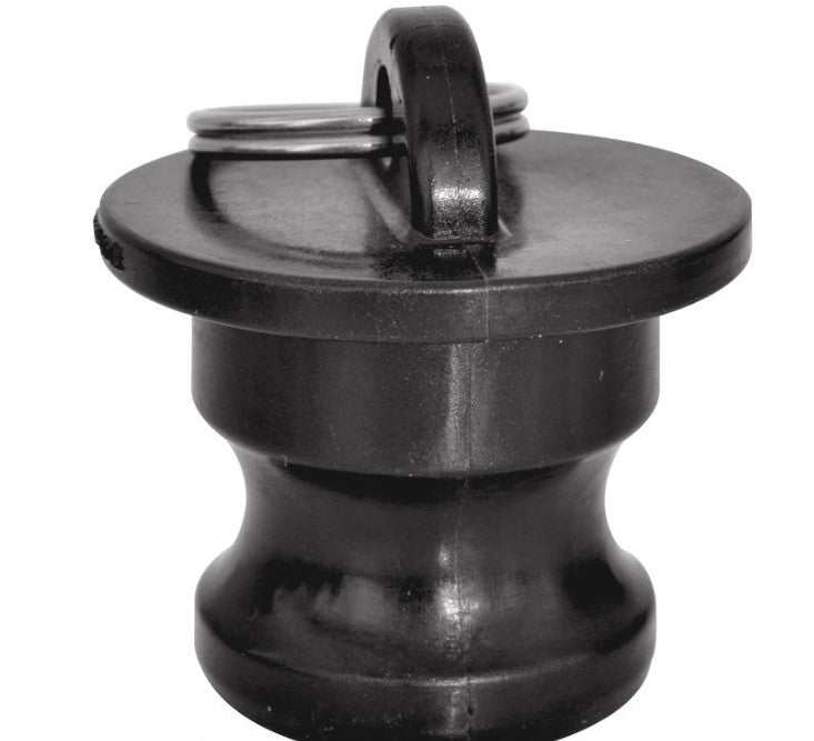 Camlock Plug, black plastic fitting with a broad round cap and raised loop handle for easy removal.