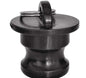 Camlock Plug, black plastic fitting with a broad round cap and raised loop handle for easy removal.