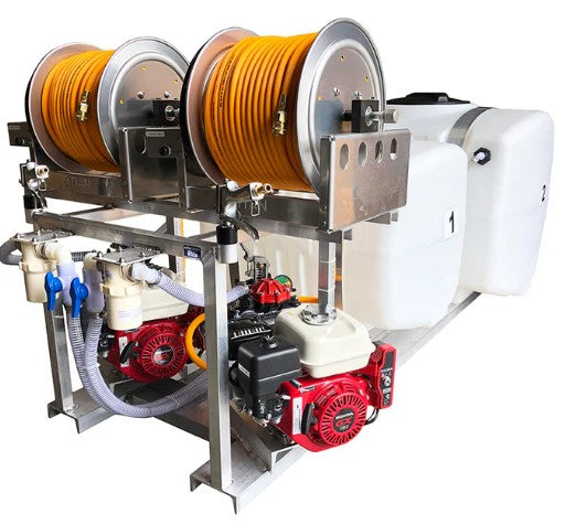 200/100 Gallon Skid with Dual 10 gpm Diaphragm Pumps & 5.5 HP Electric Start Engines, Dual Electric Hose Reels with 300' 3/8" ID Hose